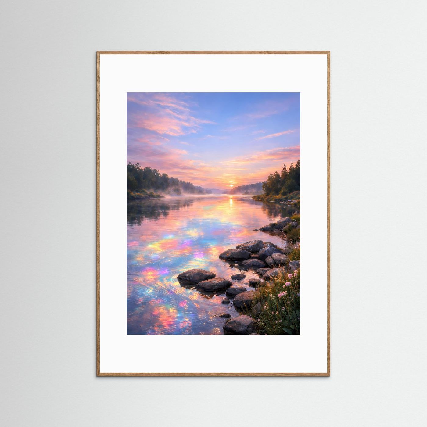 Fluss-Poster mit Sonnenuntergang, farbigen Spiegelungen im Wasser und Steinufer, helle braune Einrahmung