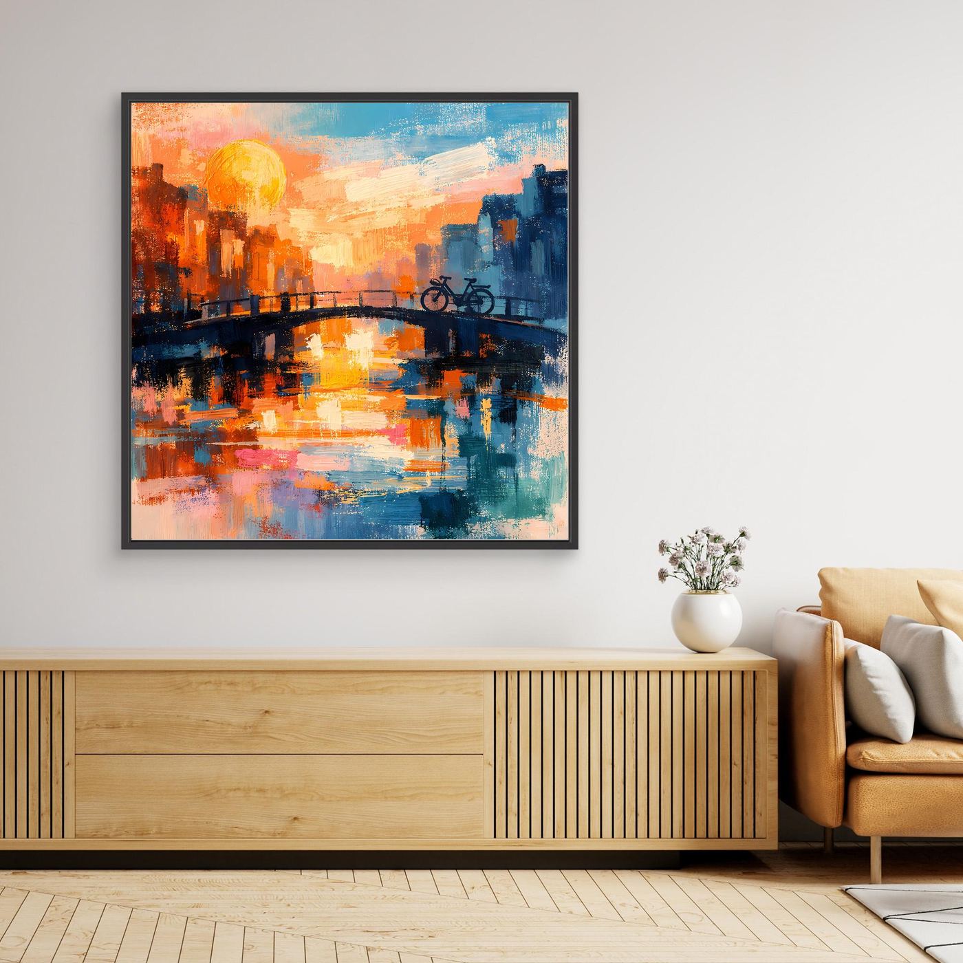 Leinwand Abstraktes Amsterdam Gemälde | Modernes Romantisches Grachten Wandbild mit Fahrrad