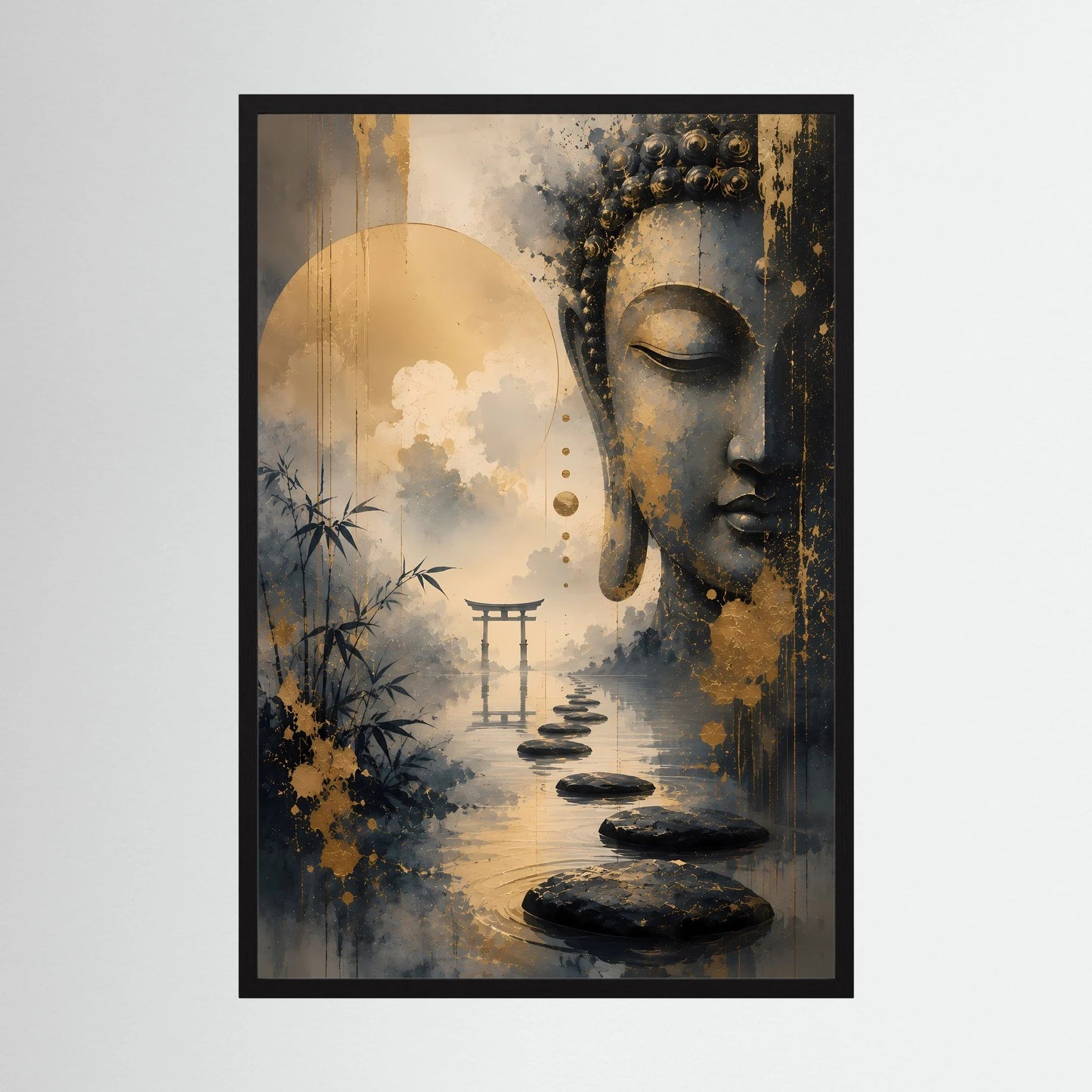 Poster im Hochformat mit Buddha-Gesicht in Gold- und Schwarztönen, Zen-Landschaft