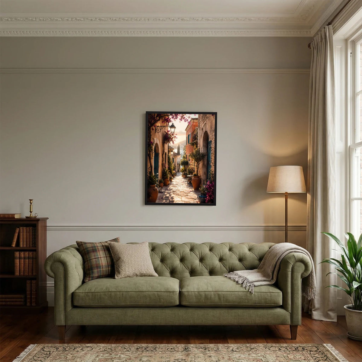 Wandbild-Poster in der Mitte: mediterrane Gasse mit Bögen und blühenden Pflanzen