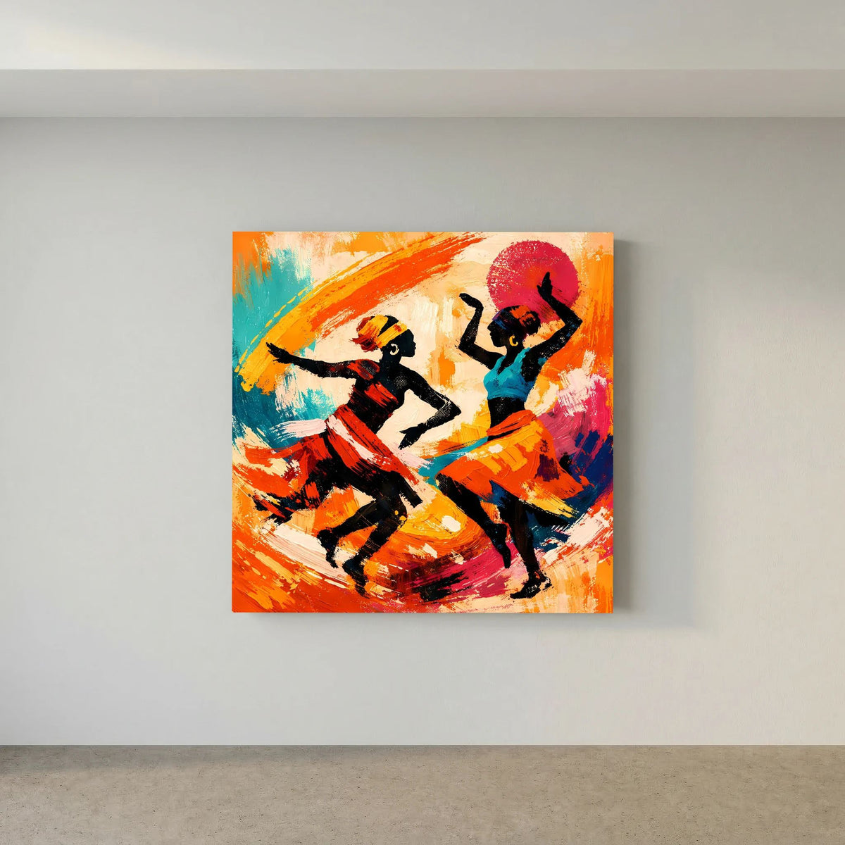 Wandbild mit tanzenden Figuren in orange-blauen Pinselstrichen und rotem Kreis im Hintergrund.