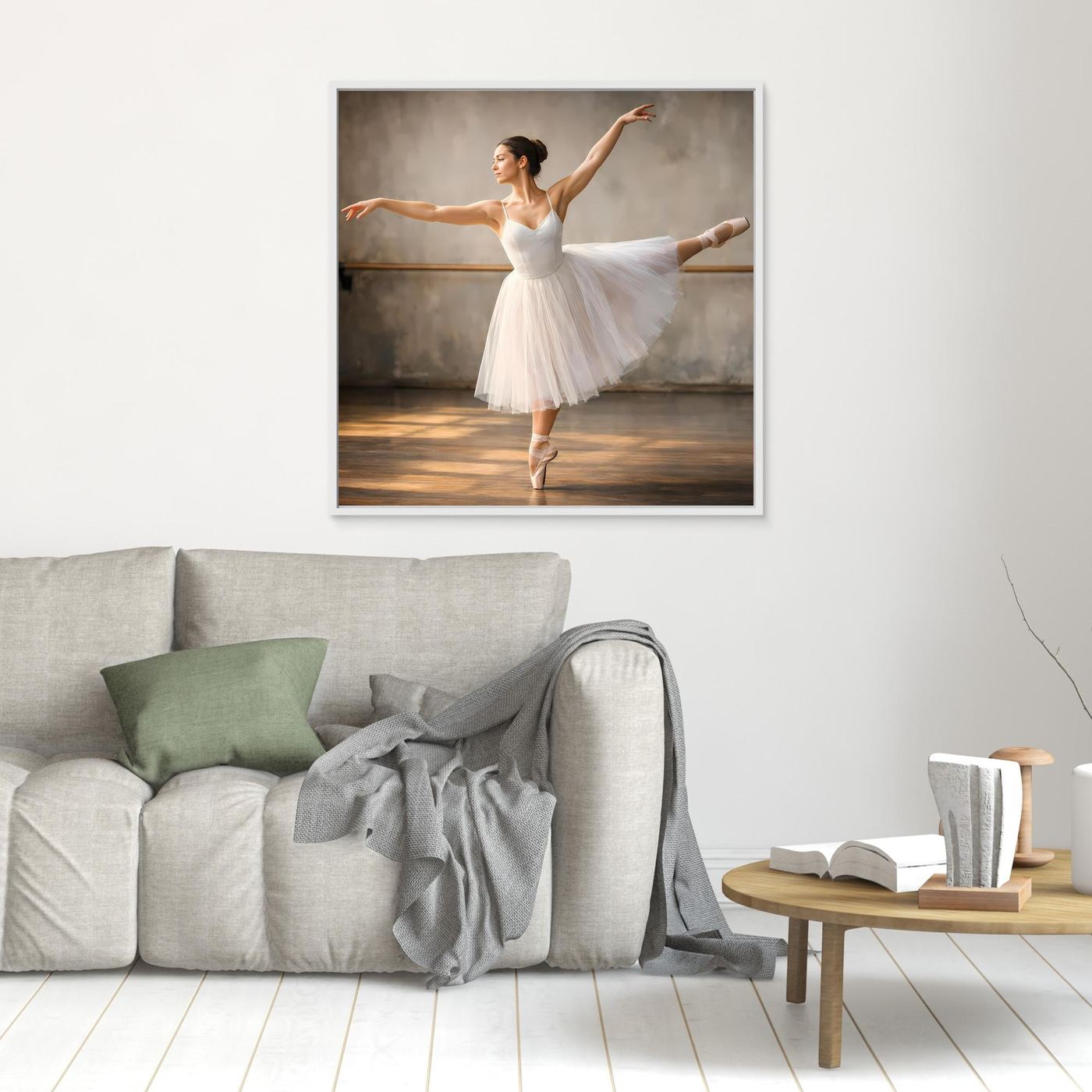 Wandbild mit Ballerina im weißen Tüllkleid, weißer Rahmen, zentrierte Tanzpose