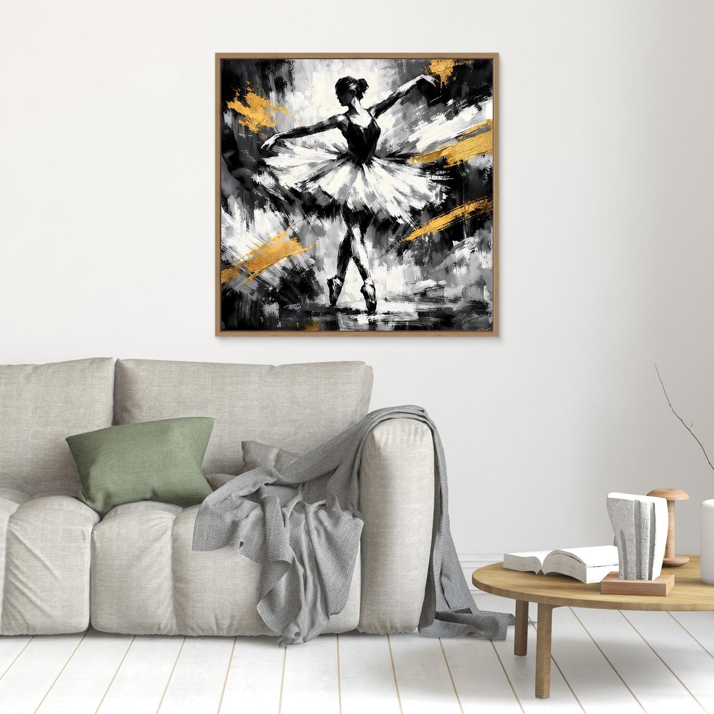 Kleines gerahmtes Leinwandbild mit abstrakter Ballerina in Schwarzweiß und goldenen Akzenten
