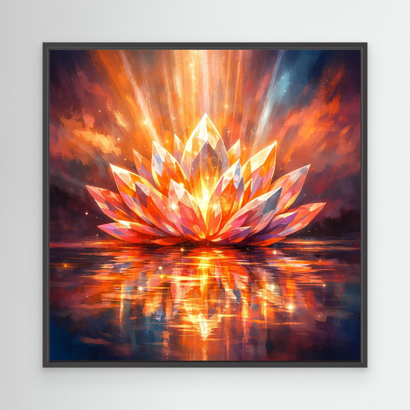 Leinwandbild mit leuchtender Lotusblüte, orange-blaue Strahlen, im schwarzen Rahmen