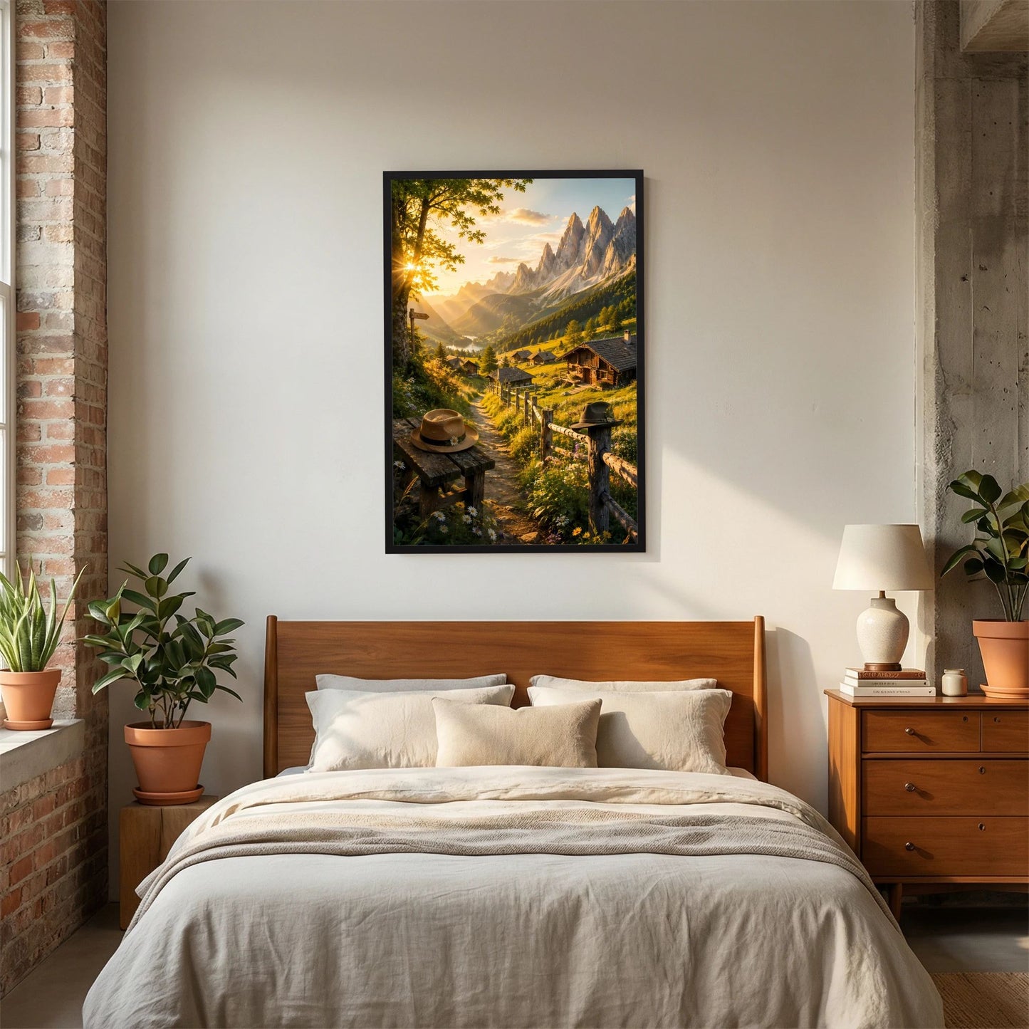 Hochformat-Poster im schwarzen Rahmen über dem Bett: Alpenlandschaft, Berghütten, Sonnenlicht