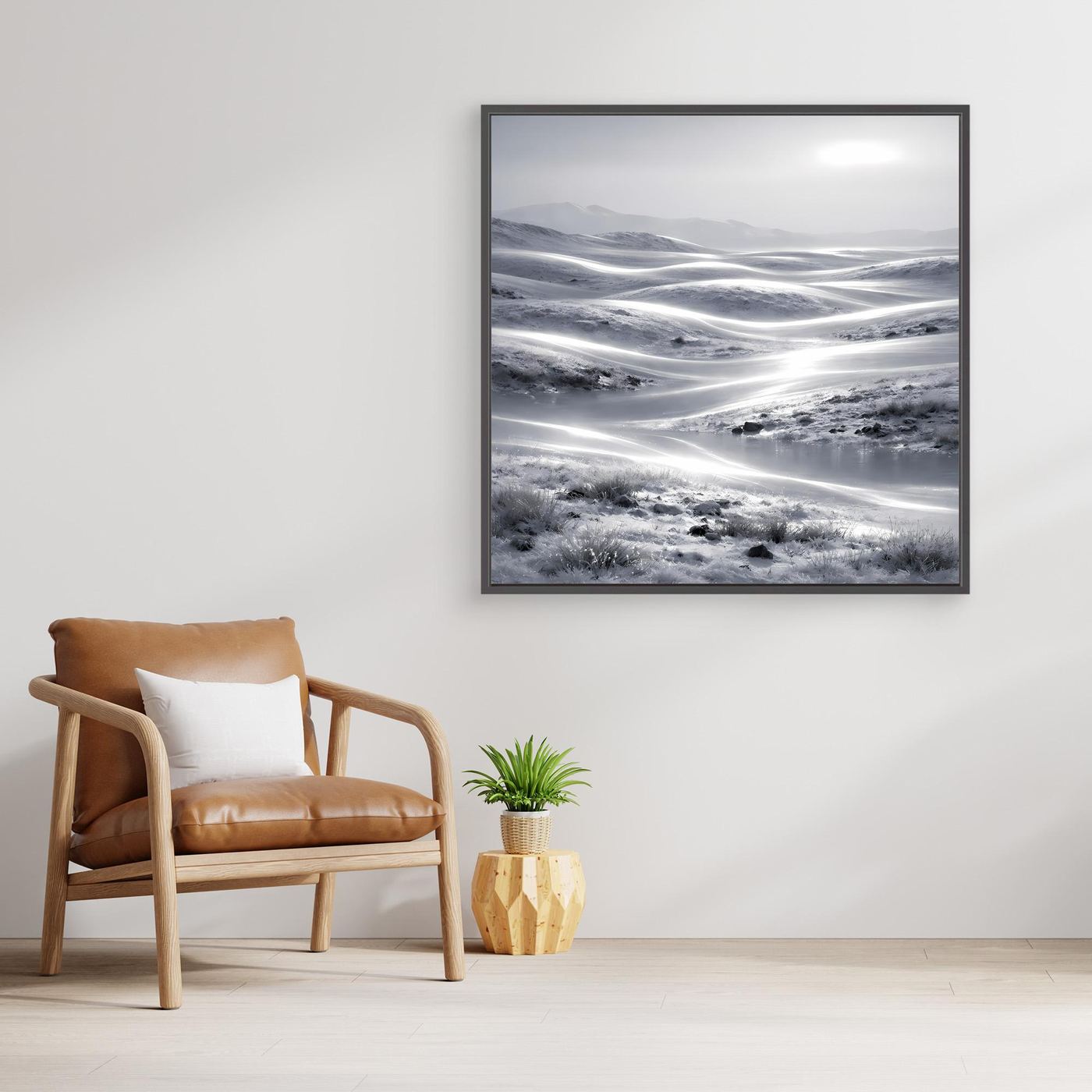 Leinwandbild im schwarzen Rahmen mit abstrakter Winterlandschaft: schneebedeckte Dünen