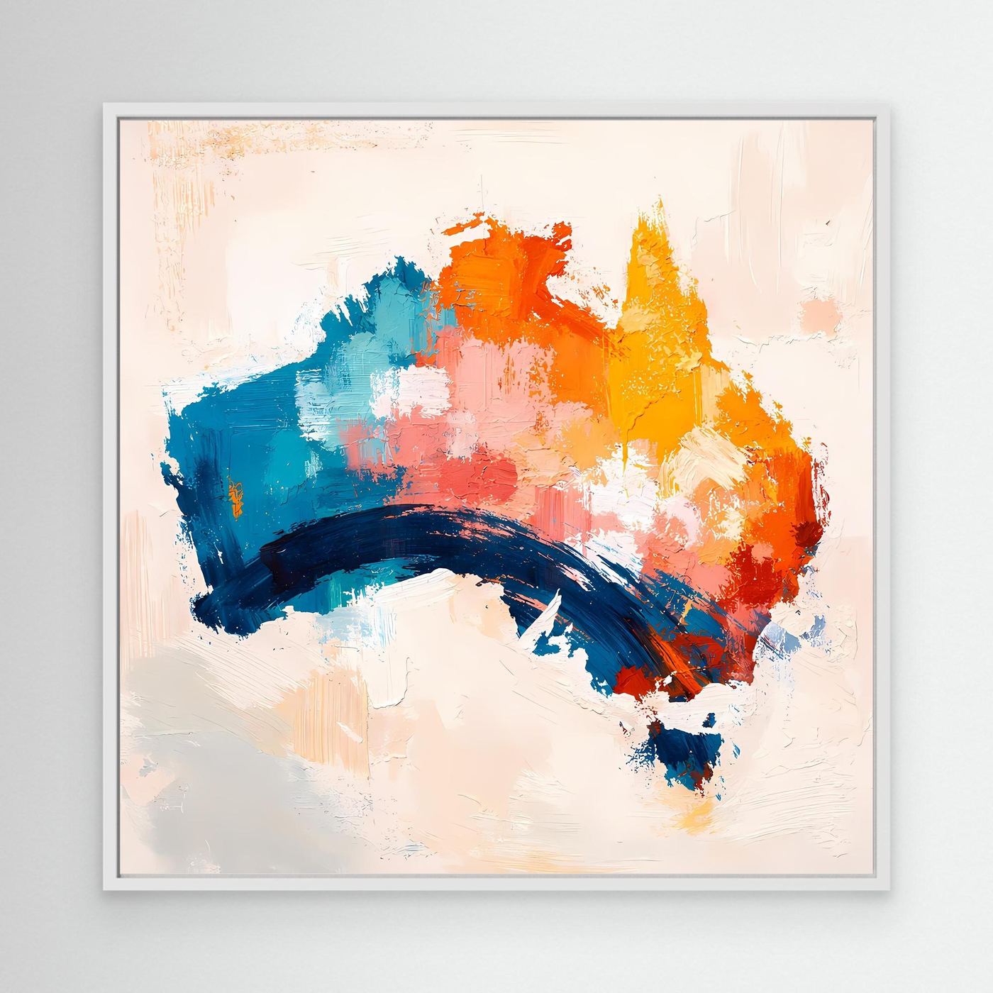 Abstract Australia map canvas wall art with multicolor brushstrokes in a white frame.