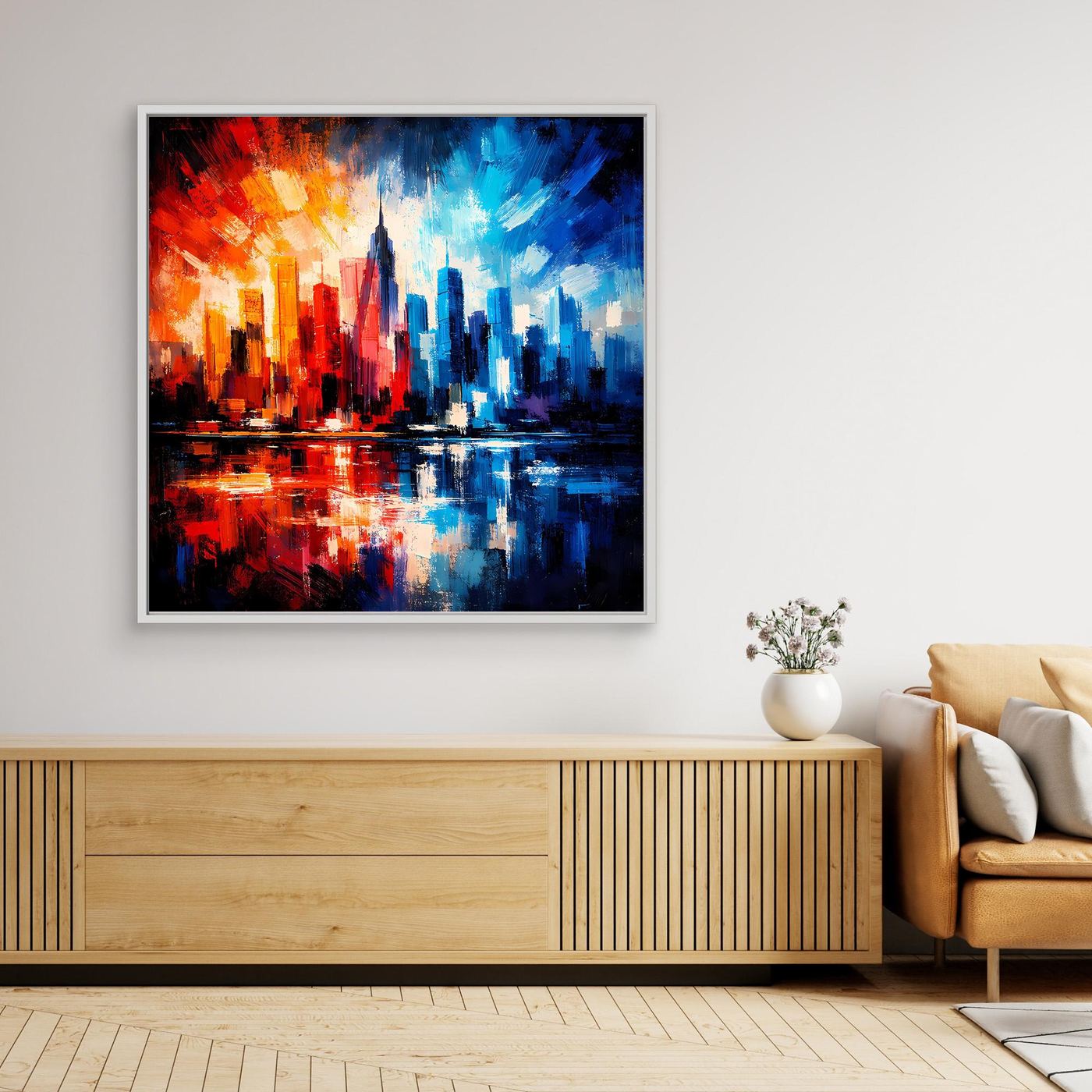 Gerahmtes Leinwandbild mit abstrakter Skyline in Blau, Rot und Orange, weißer Rahmen.