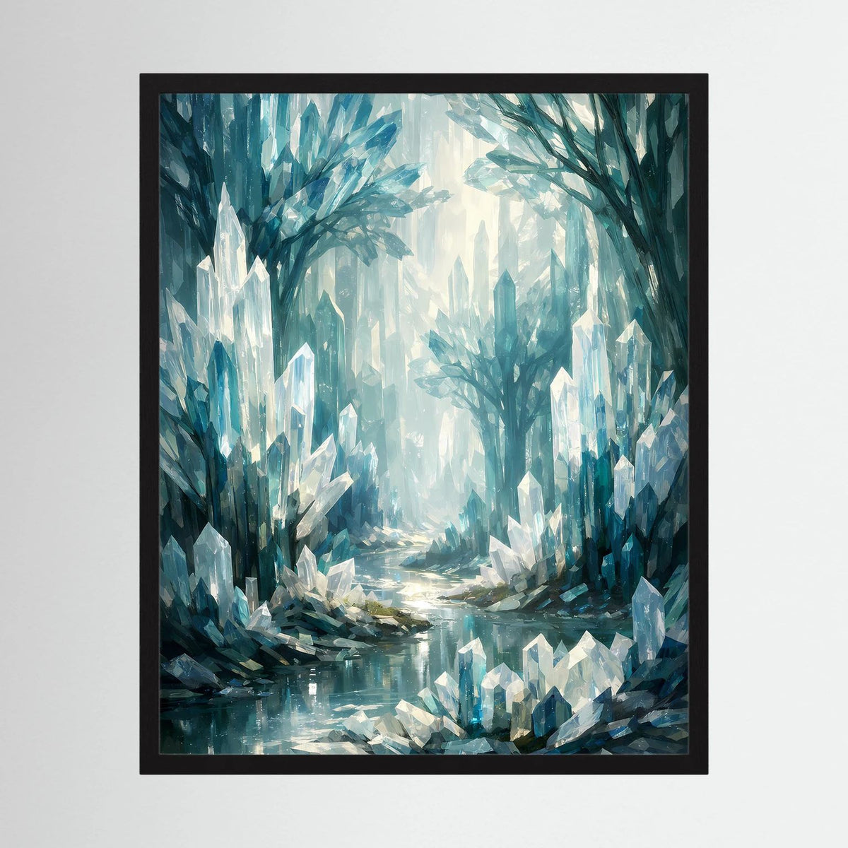 Fantasy-Wandbild mit blauem Kristallwald und kristallenen Steinen, im schwarzen Rahmen