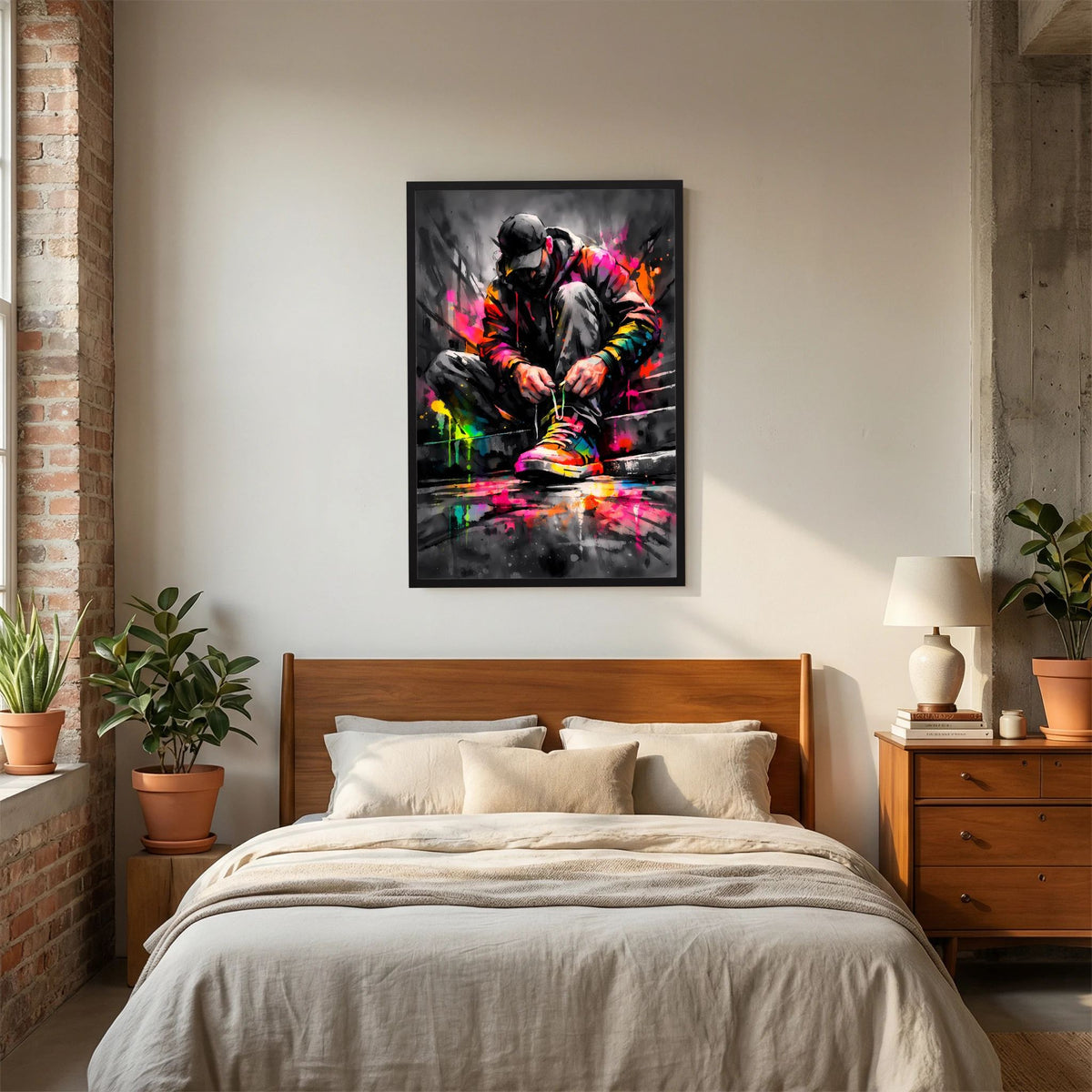 Hochformatiges Poster mit schwarzem Rahmen, knieende Figur und bunte Farbspritzer