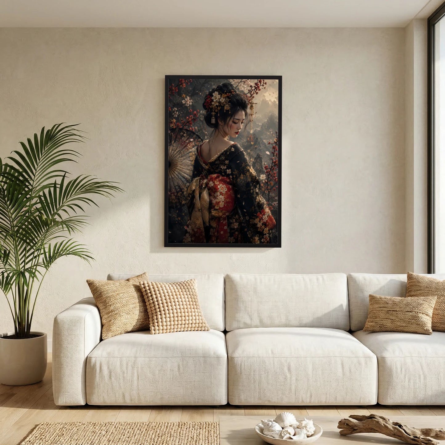 Wandposter im Hochformat mit Geisha im floralen Kimono und Fächer, im schwarzen Rahmen