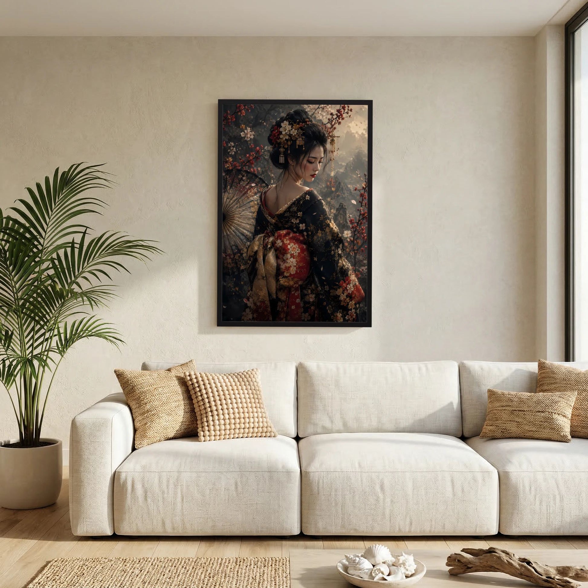 Wandposter im Hochformat mit Geisha im floralen Kimono und Fächer, im schwarzen Rahmen