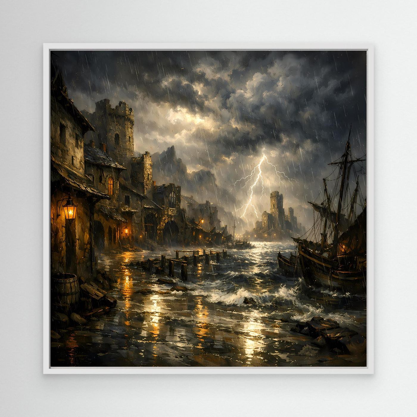 Hafen-Leinwandbild mit Blitz im Sturm über dem Wasser, Häuser am Kai, weißer Rahmen