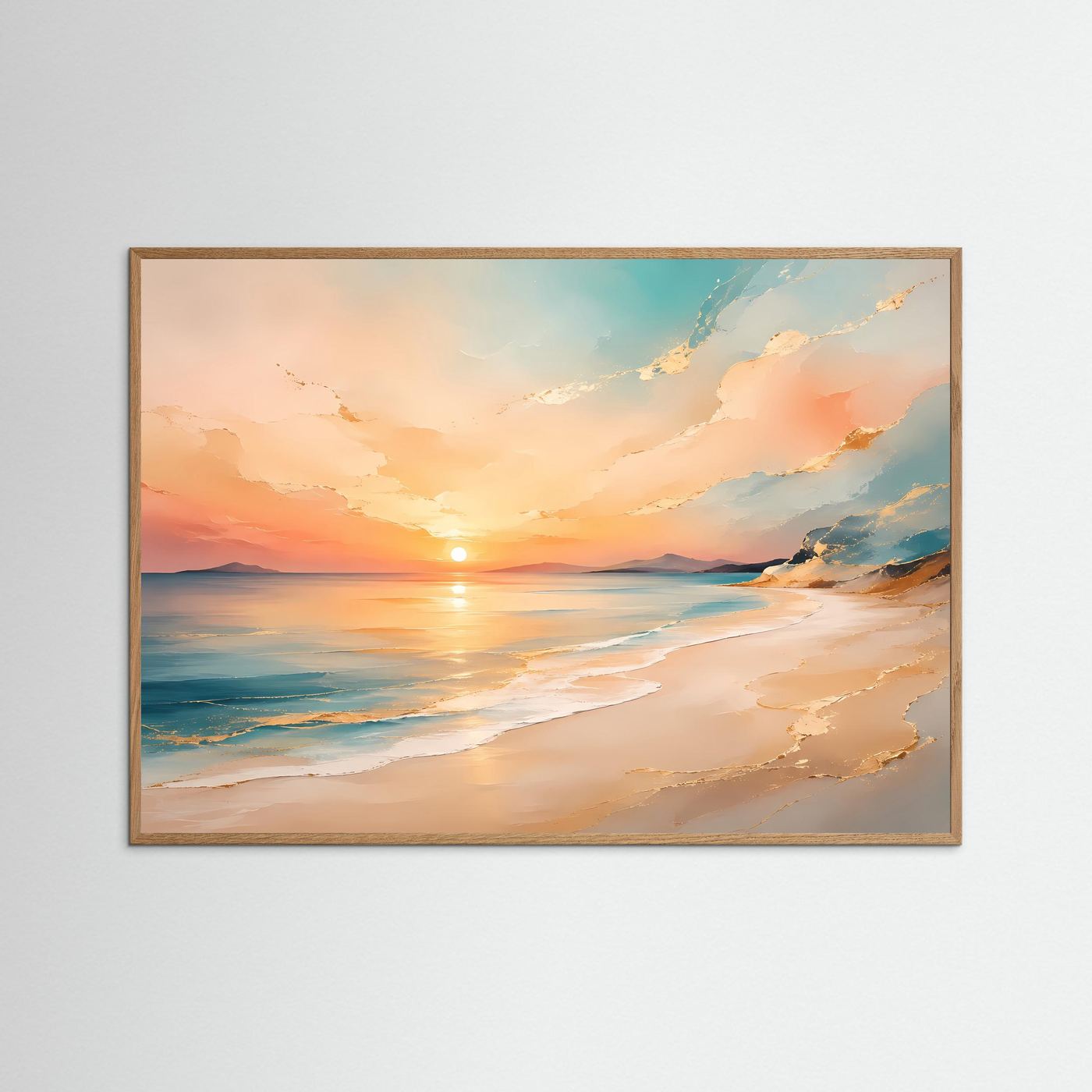 Poster mit Strand bei Sonnenuntergang, querformat mit hellem Eichenrahmen