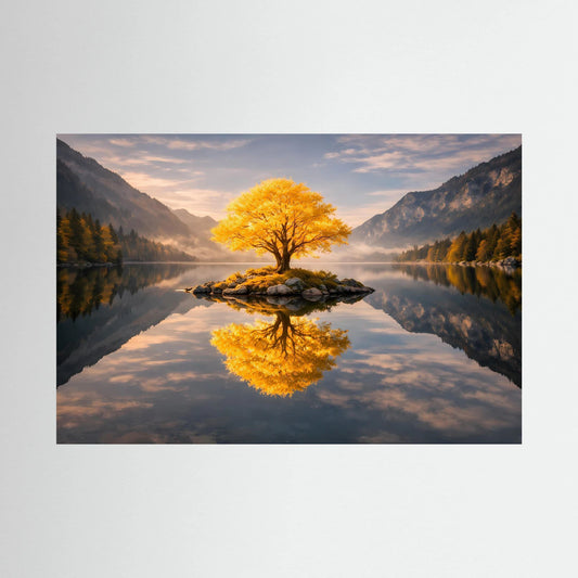 Wandbild mit goldenem Baum auf Felsinsel, spiegelnder See und Berglandschaft im Sonnenlicht
