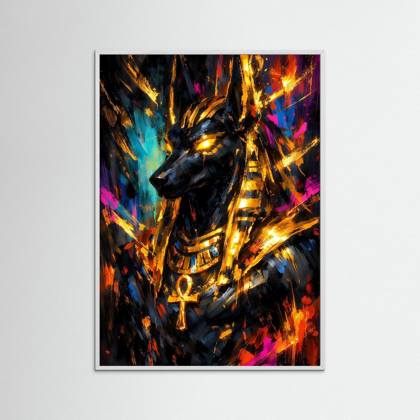 Hochformatiges Poster mit Anubis-Maske, goldenen Neon-Lichtlinien und Kreuz im weißen Rahmen