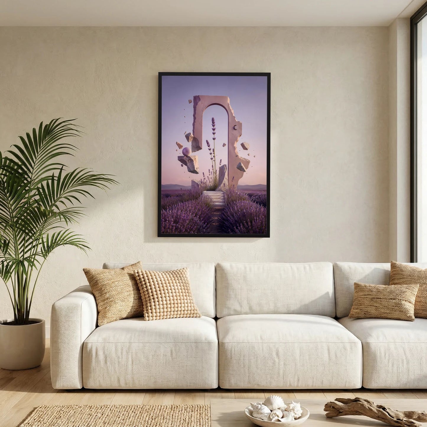 Wandposter im Hochformat: violette Lavendelfelder mit Treppenweg und Portal, schwarzer Rahmen