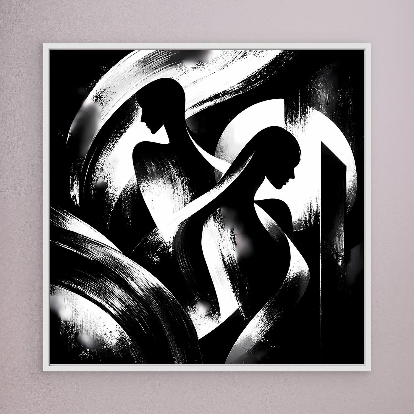 Quadratisches schwarz-weißes Leinwand-Wandbild mit abstrakten Silhouetten, weiß gerahmt.