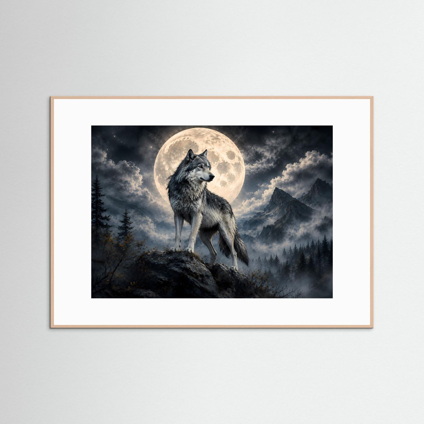 Wolf vor Vollmond Poster | Mystische Berglandschaft bei Nacht | Majestätischer Wolf Wandbild | Mondlicht Naturkunst | Premium Leinwand & Wall Art