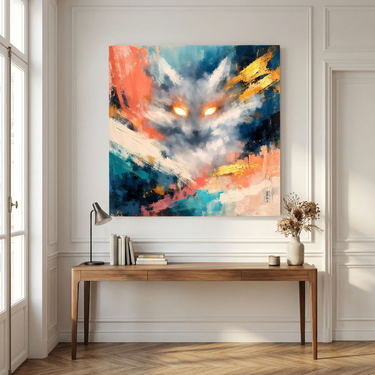 Quadratisches Leinwandbild mit abstraktem Fuchs-Motiv und leuchtenden Augen, Farbverläufe
