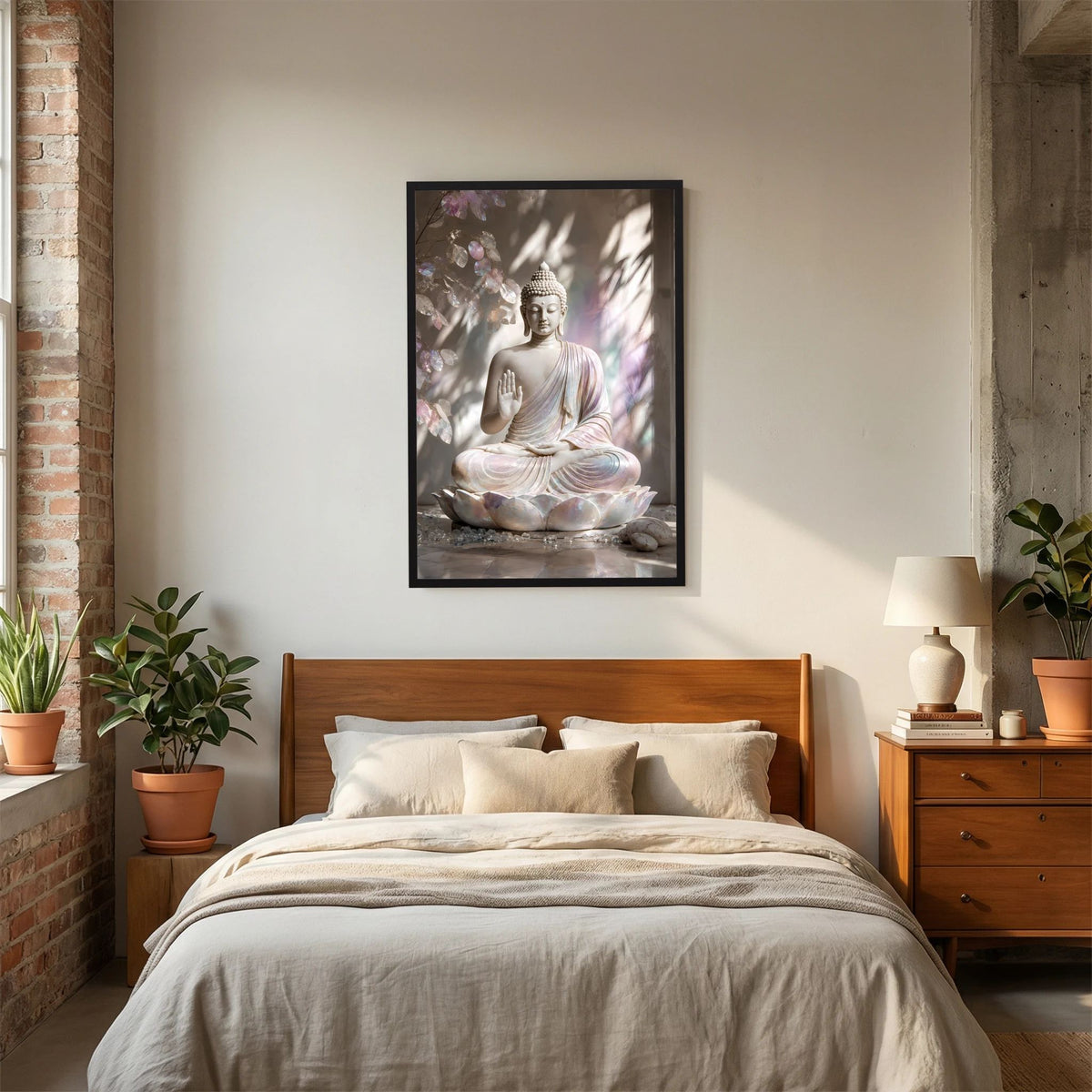 Gerahmtes Poster im Hochformat mit sitzendem Buddha auf Lotus, Hand in Schutzgeste