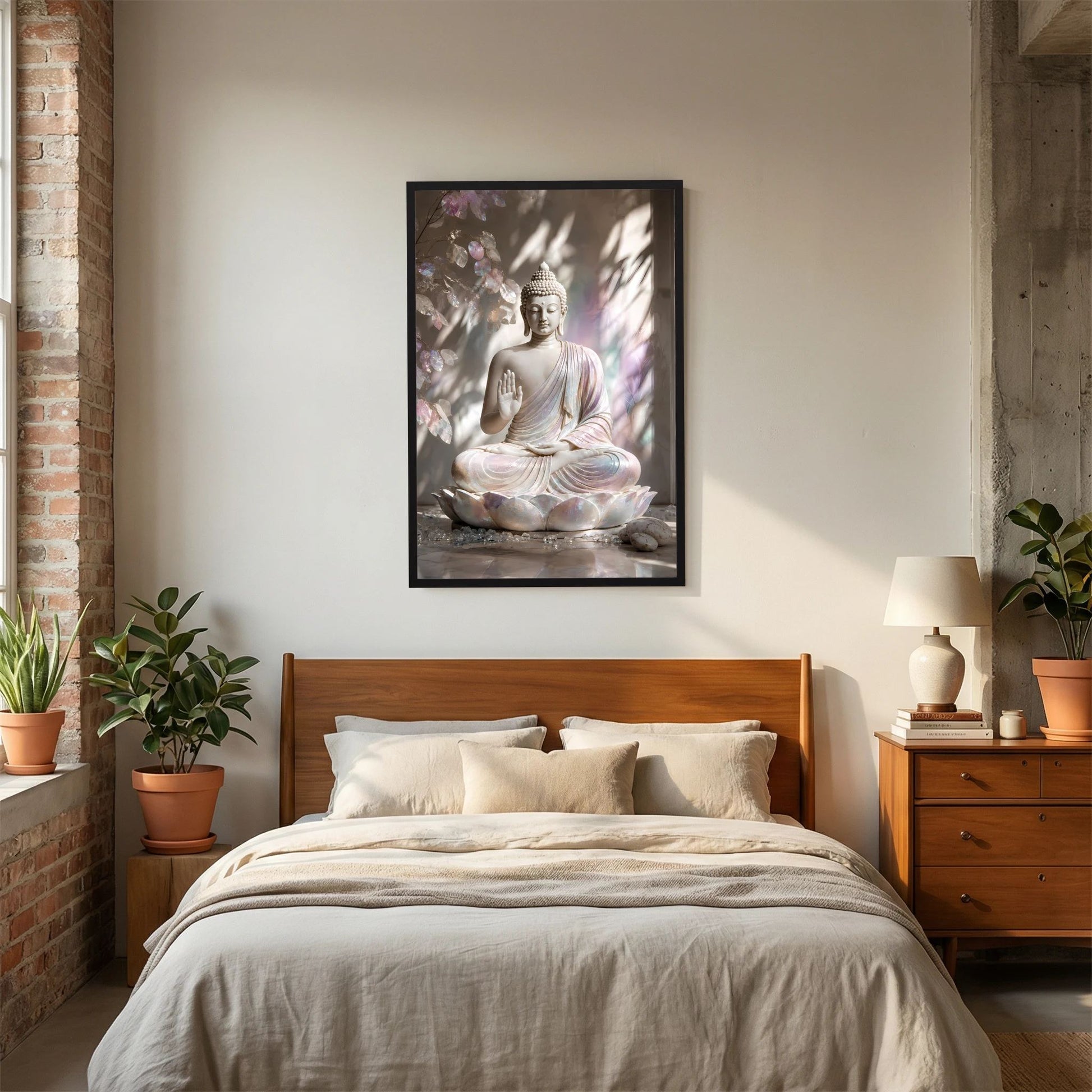 Gerahmtes Poster im Hochformat mit sitzendem Buddha auf Lotus, Hand in Schutzgeste