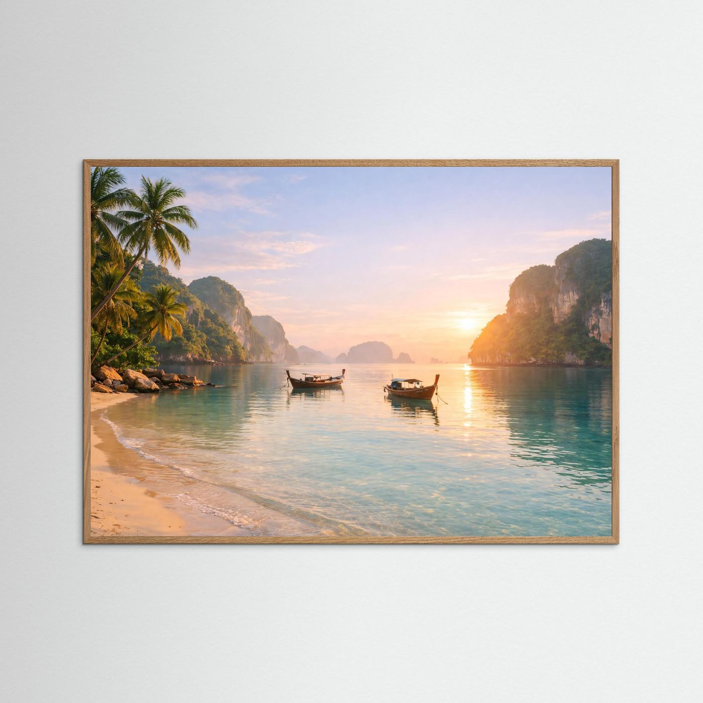 Tropischer Sonnenaufgang am Strand | Panorama Boote & Lagune Poster Querformat