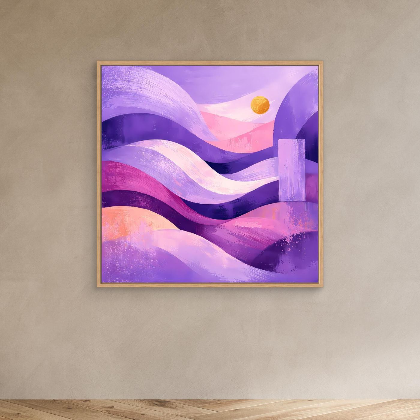 Abstraktes Leinwandbild mit pastelligen Dünen in Lila und Pink, goldener Kreis, Holzrahmen