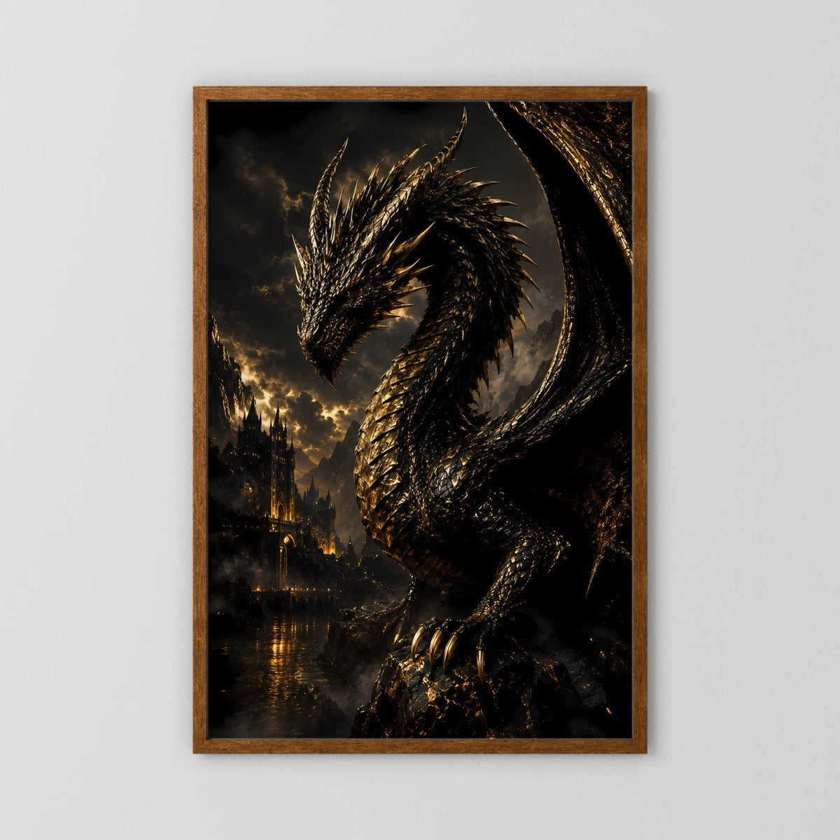 Drachenposter Hochformat: schwarzer Drache mit Gold-Details, wehende Flügel vor Skyline