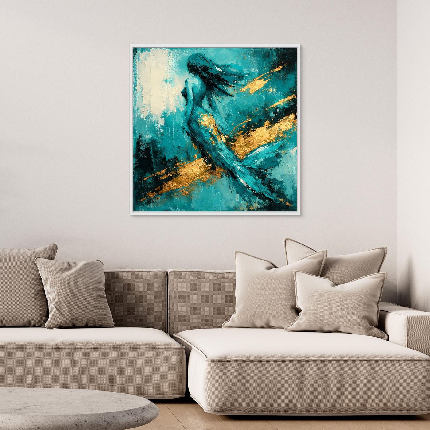 Leinwand Elegante Meerjungfrau in Türkis | Abstraktes Nixen Wandbild Gold Blau