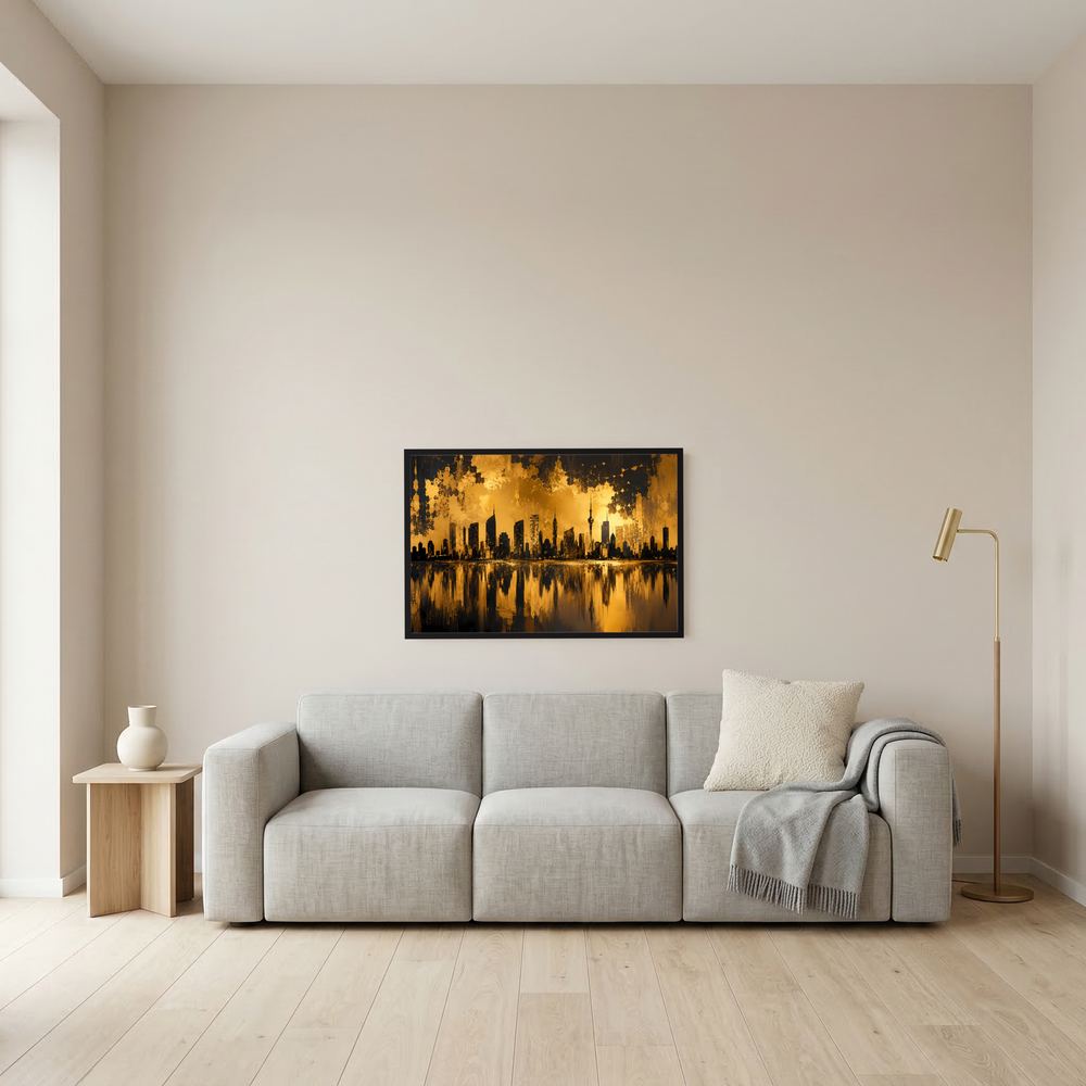 Querformatposter Skyline abstrakt, schwarz-goldene Stadt mit Wasserreflexion, schmaler schwarzer Rahmen
