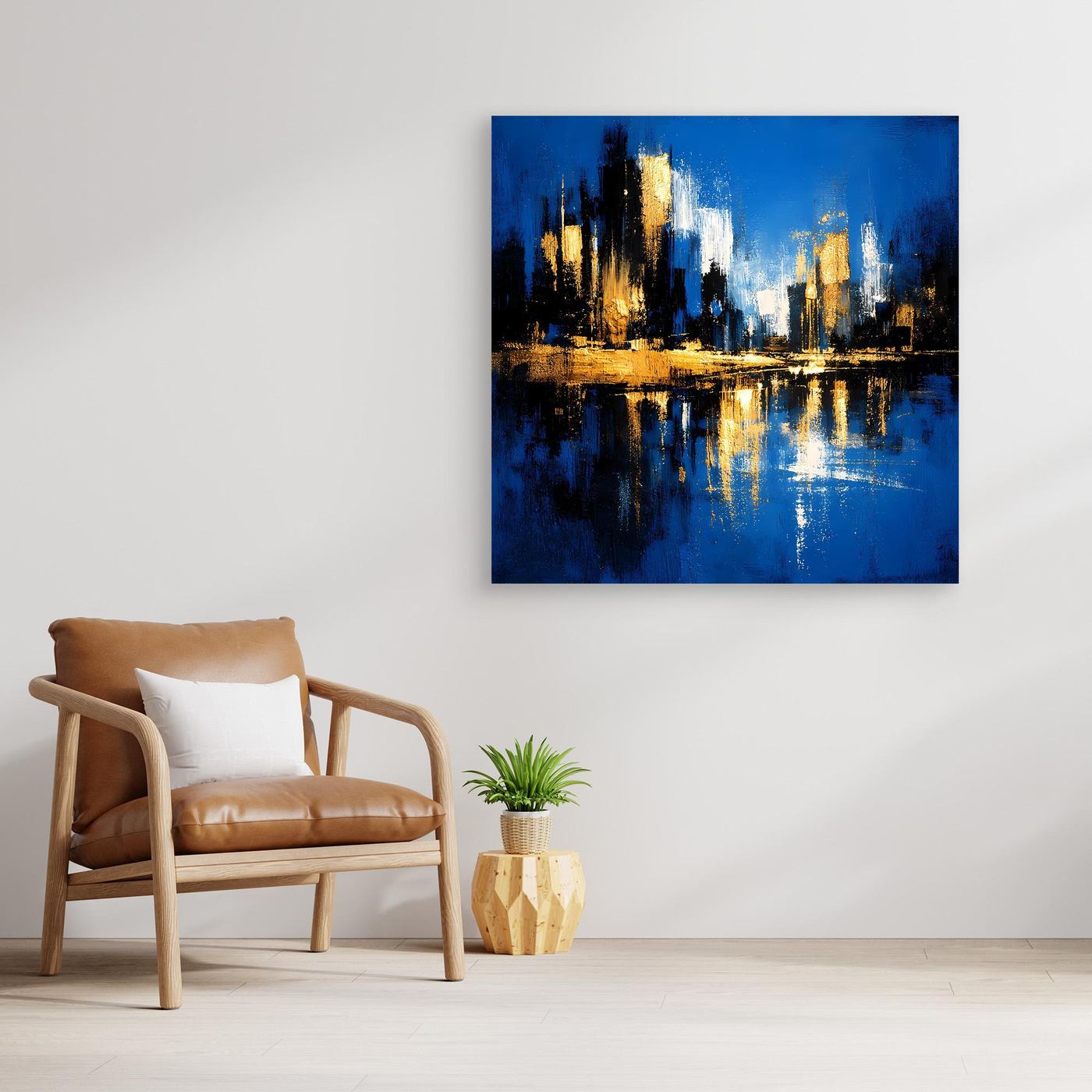 Leinwand Abstrakte Skyline in Blau und Gold | Modernes Großstadt Wandbild mit Spiegelung