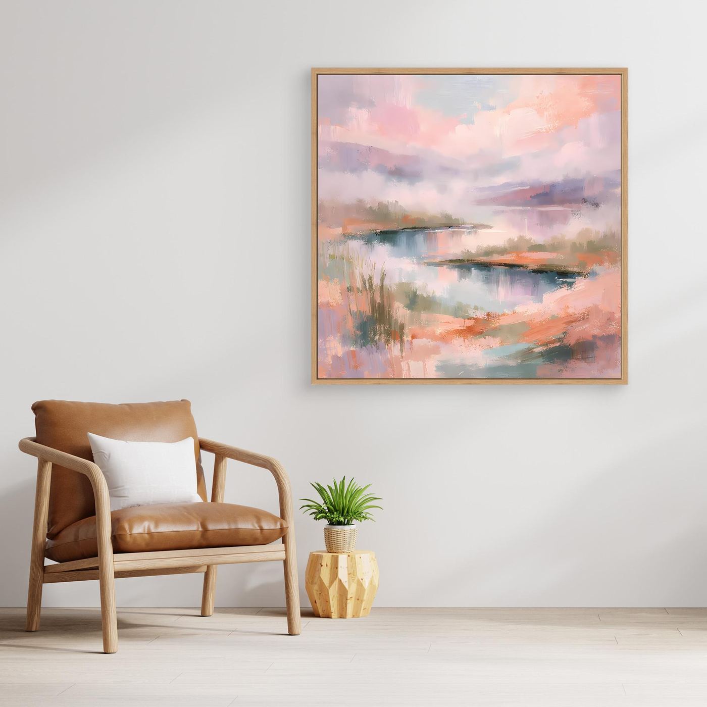 Abstraktes Pastell-Leinwandbild mit Seenlandschaft, rechteckig, goldener Rahmen