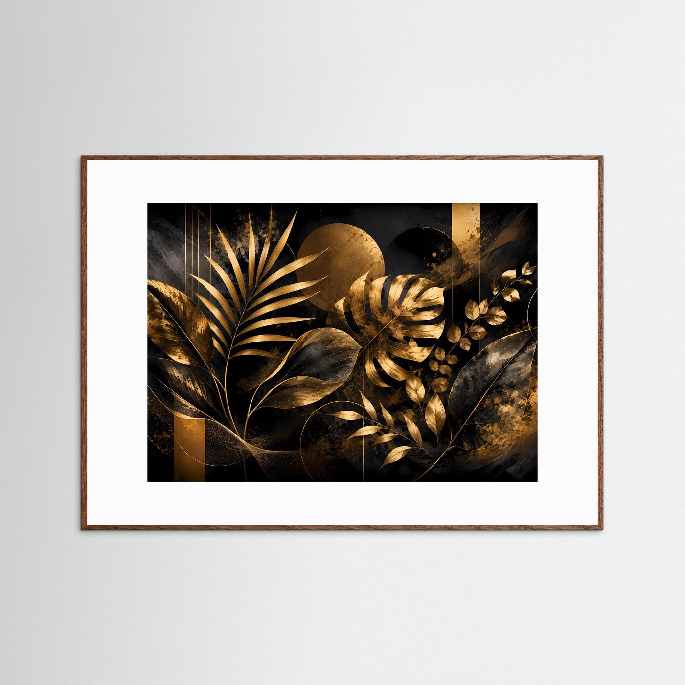 Gerahmtes Poster mit tropischen Blättern in Schwarz und Gold, brauner Holzrahmen