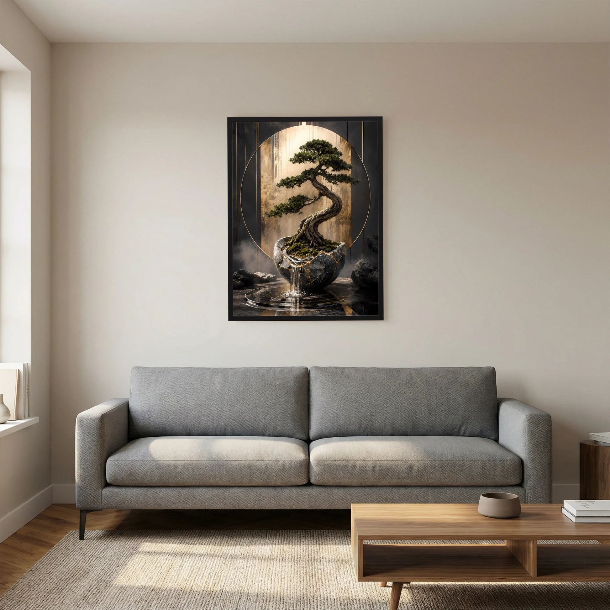 Hochformat-Poster mit Bonsai im schwarzen Topf, goldgrüne Krone, Lichtkreis um den Stamm