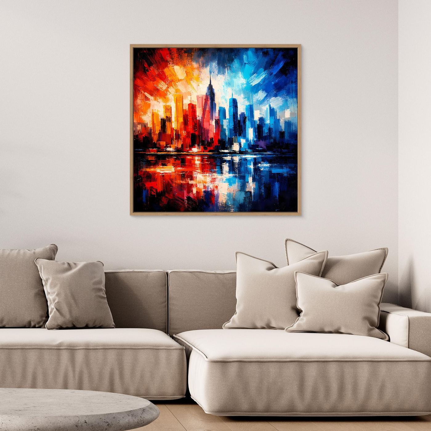 Leinwandbild mit abstrakter Skyline und Spiegelung in Rot, Orange und Blau, schwarzer Rahmen