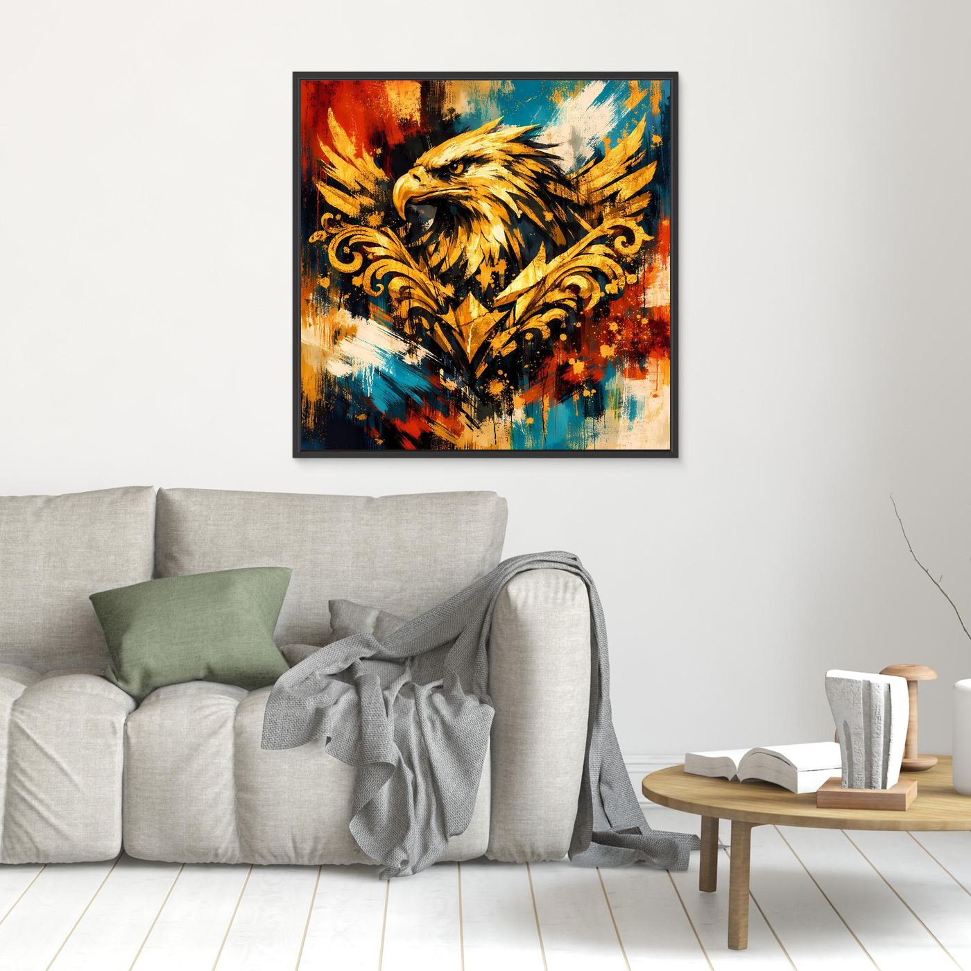 Leinwand-Wandbild mit goldenem Adler im Barockstil, abstrakt, schwarzer Rahmen