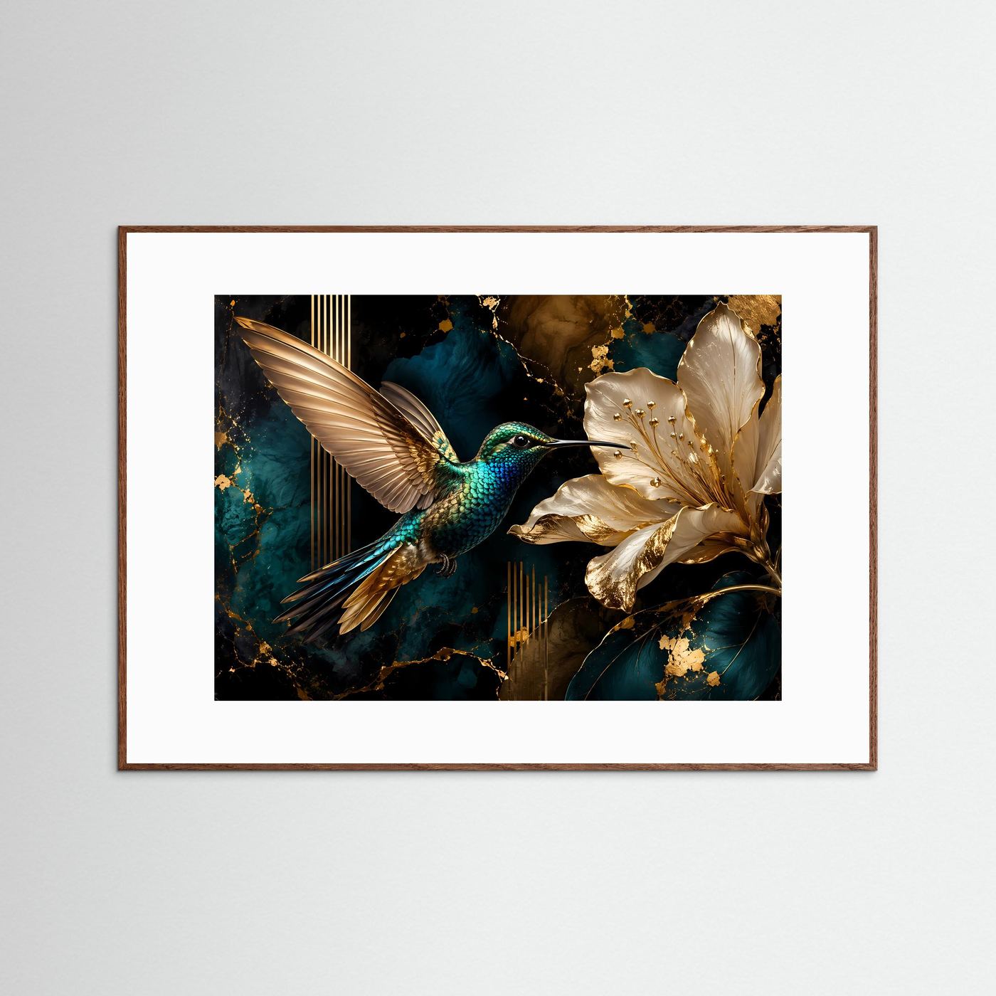 Eleganter Kolibri mit goldener Blume | Luxus Natur & Moderne Kunst Poster