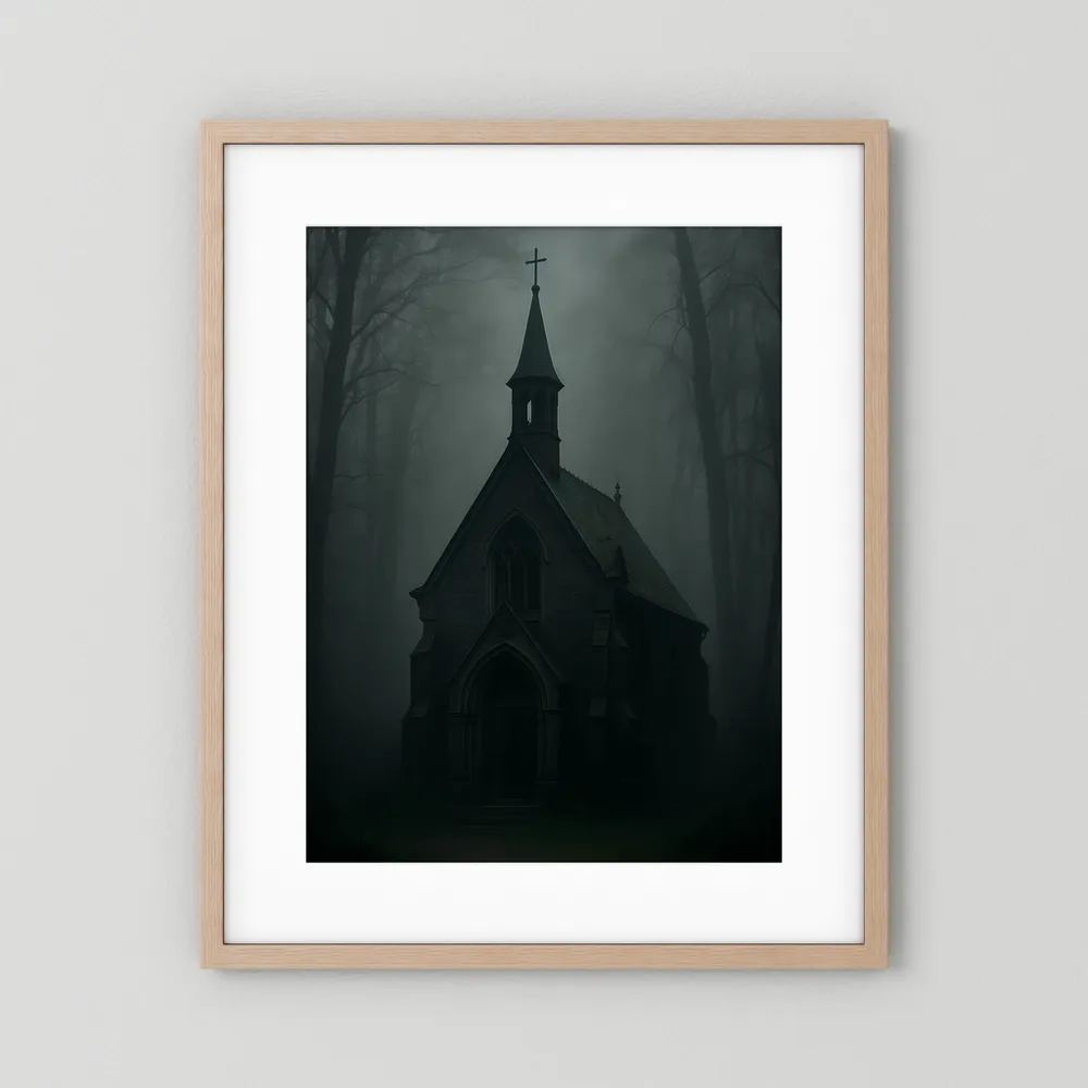 Gothic-Wandposter mit dunkler Kapelle im Wald, vertikal, im hellen Holzrahmen