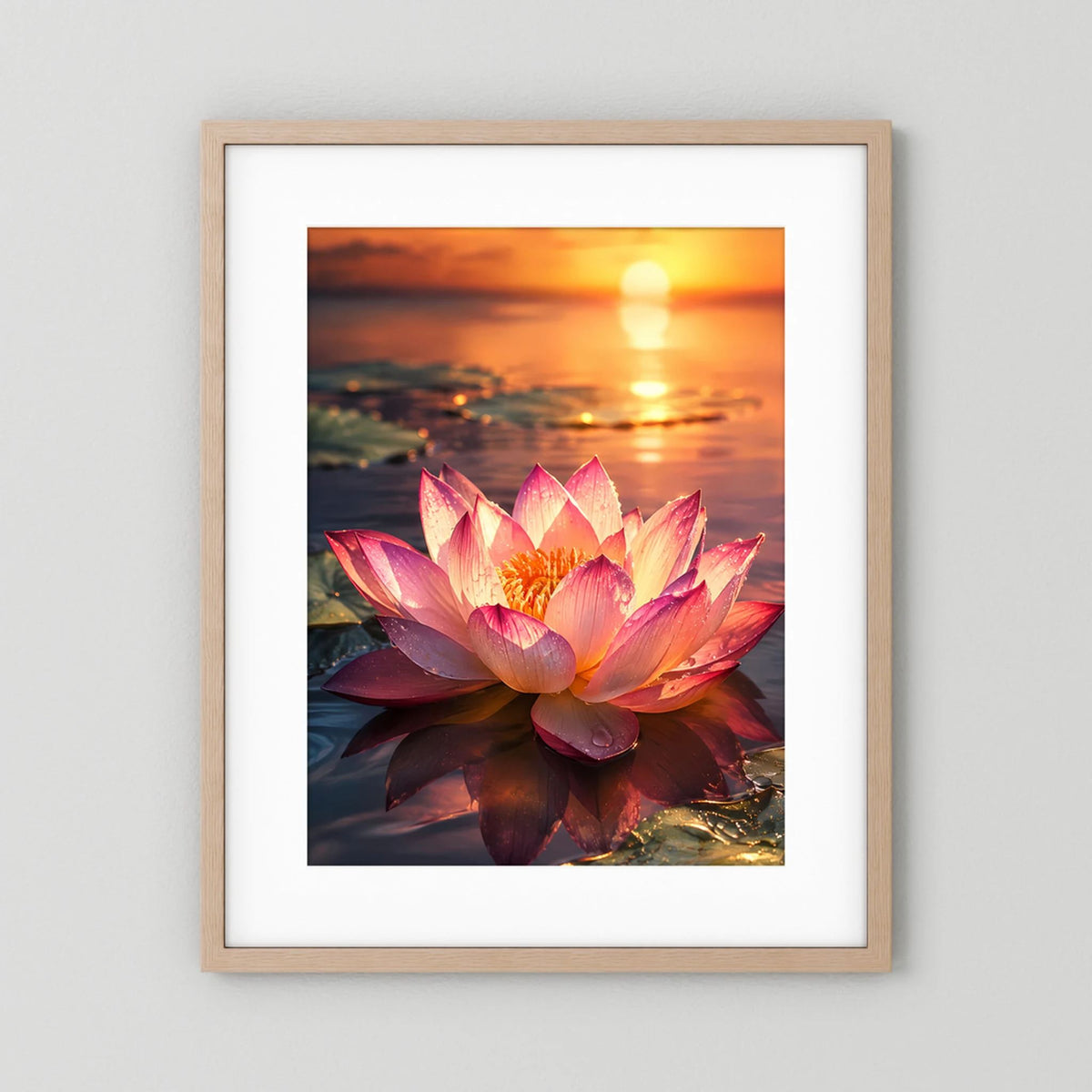 Poster im Hochformat mit rosa Lotusblüte im Sonnenuntergang, hellbrauner Holzrahmen
