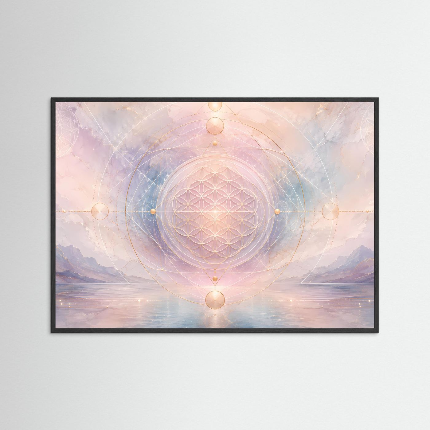 Gerahmtes Poster: Blume-des-Lebens-Mandala in Pastellrosa und Blau, schwarze Einfassung.