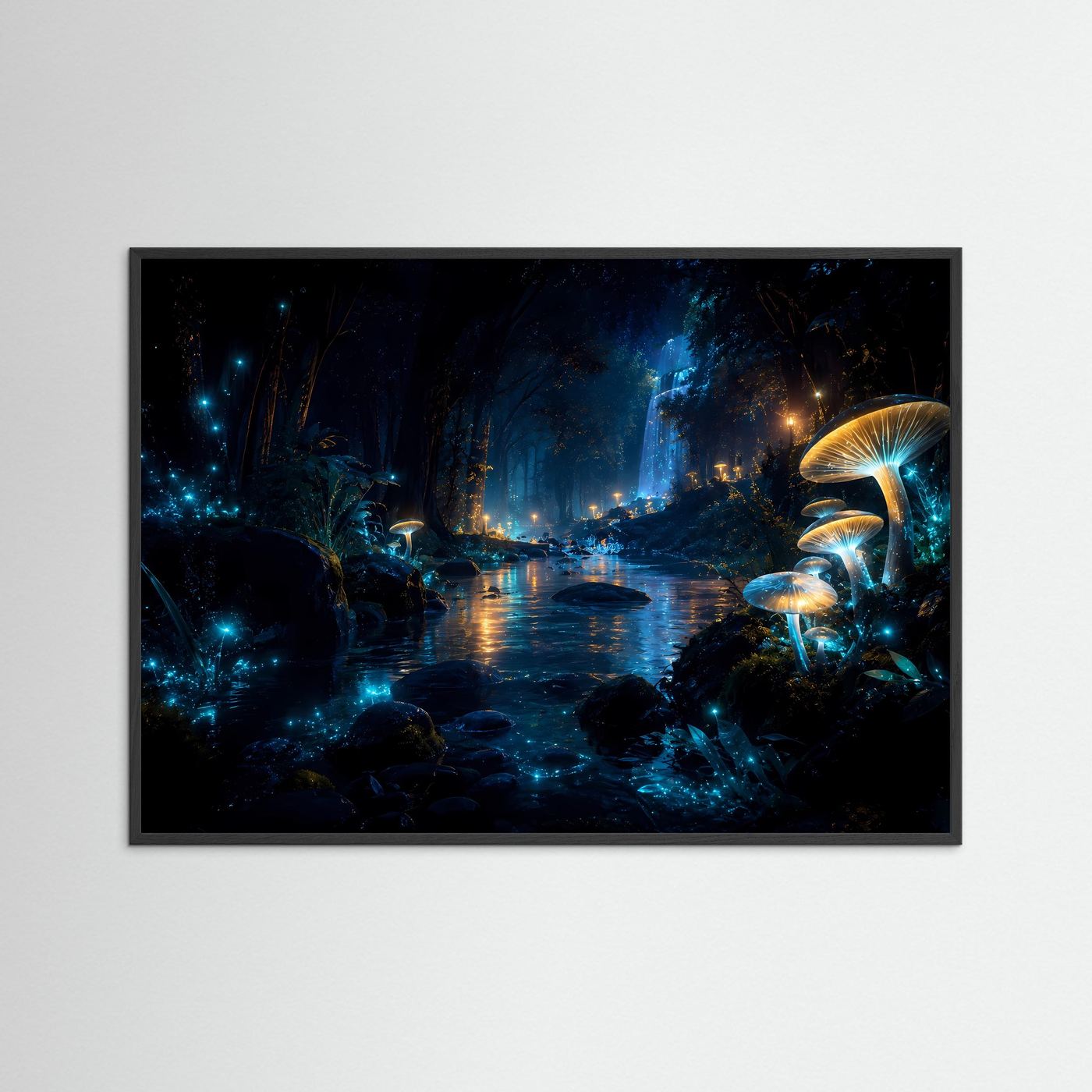 Magischer Nachtwald mit leuchtenden Pilzen | Mystischer Wasserfall in Blau & Gold