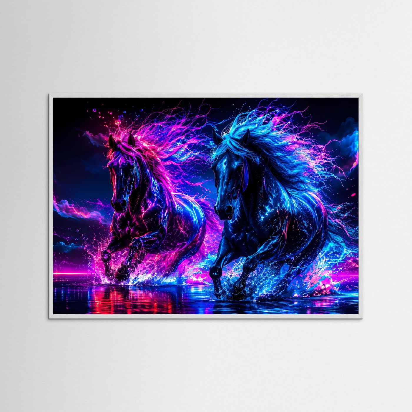 Neon Pferde Poster Querformat | Futuristische Pferde Wandkunst in Pink & Blau | Modernes Cyberpunk Wandbild