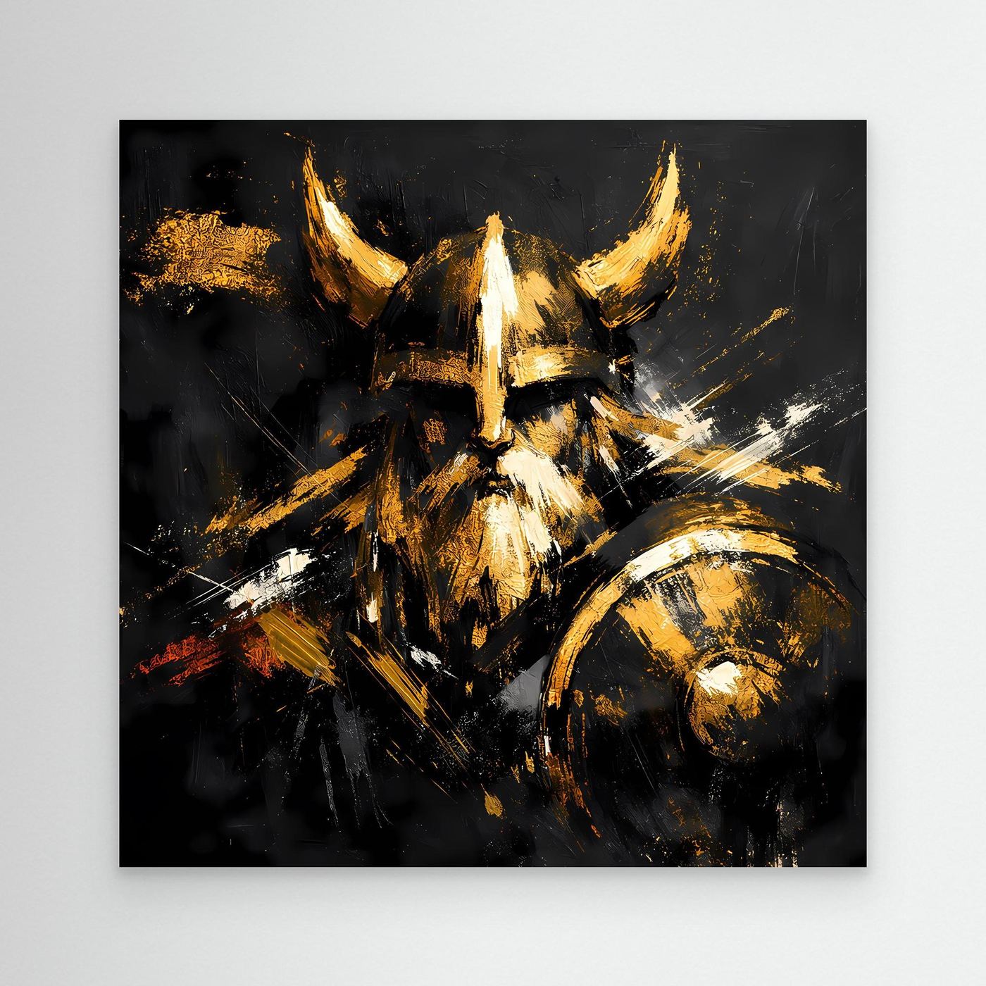 Leinwand Goldener Wikinger mit Schild | Abstraktes Nordmann Wandbild Modern
