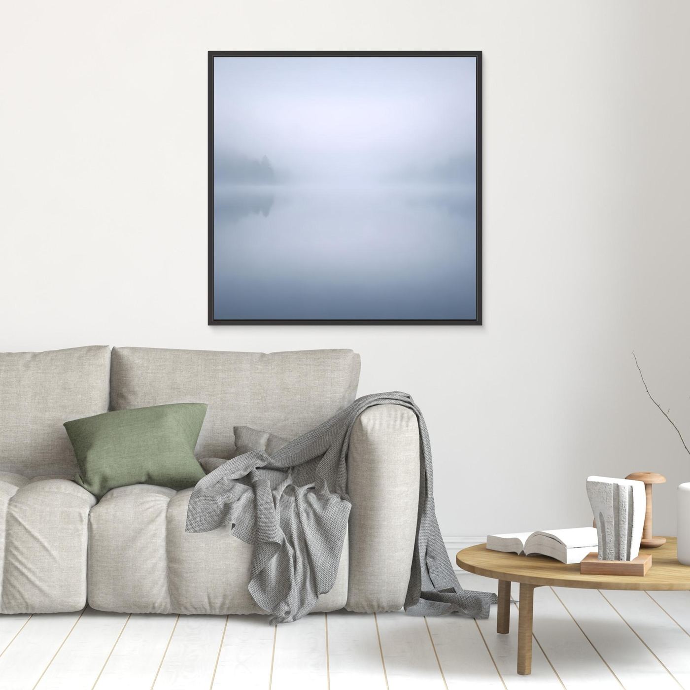 Leinwandbild Nebelsee mit Spiegelung, blau-grau, quadratisch, schwarzer Rahmen