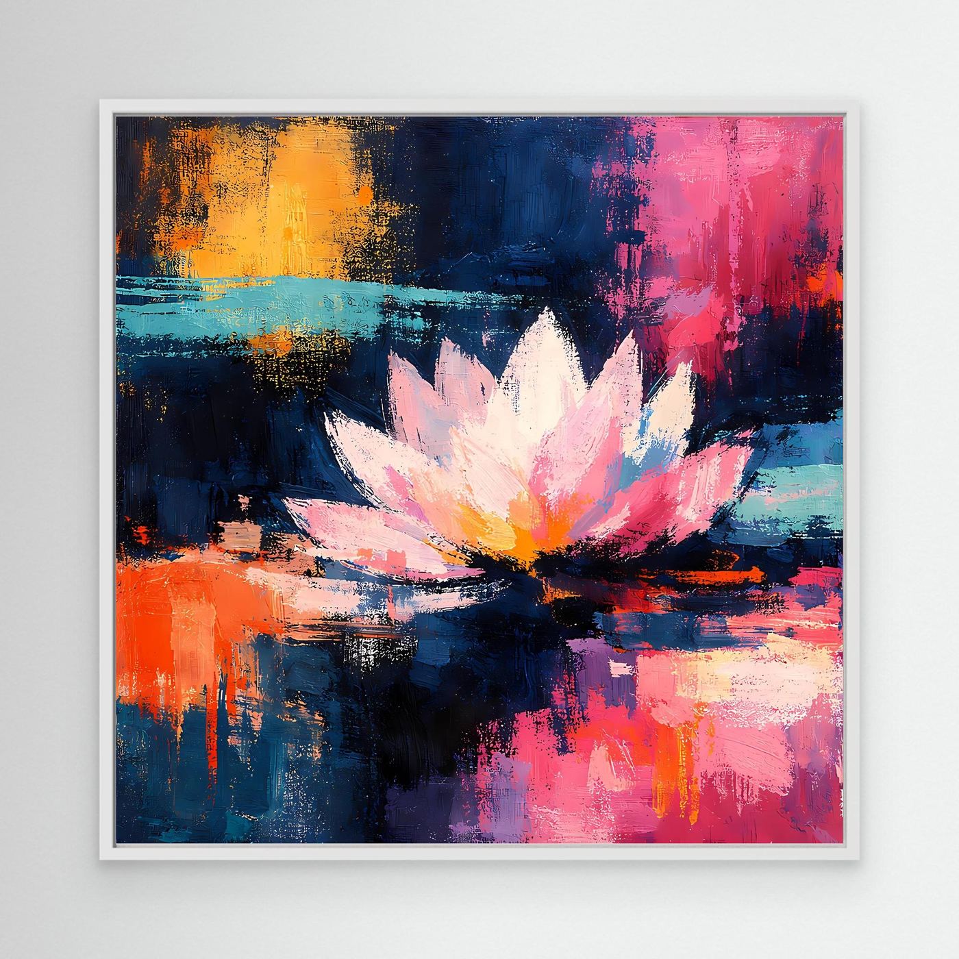 Abstraktes Leinwand-Wandbild mit Lotusblüte in Blau, Rosa und Gelb, im weißen Rahmen.