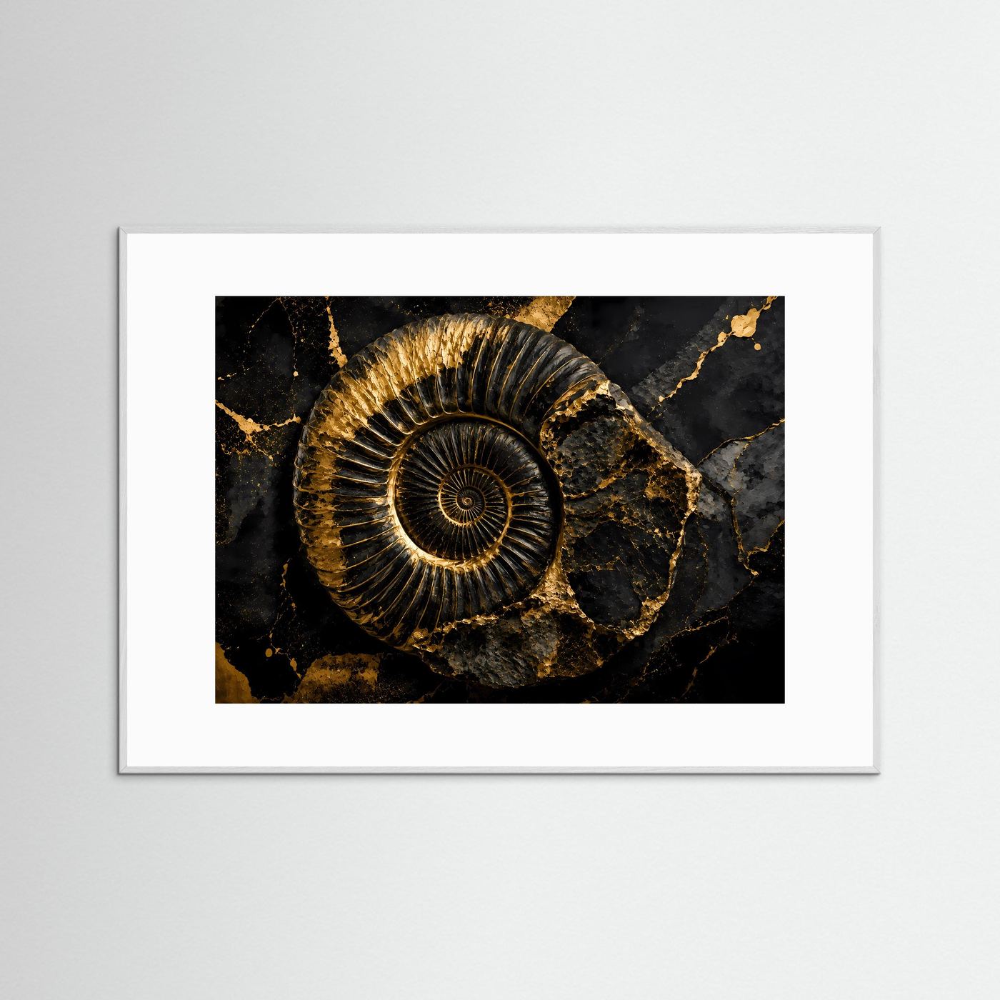 Querformat-Poster mit goldenem Ammonit auf dunklem Marmormotiv, weißer Rahmen