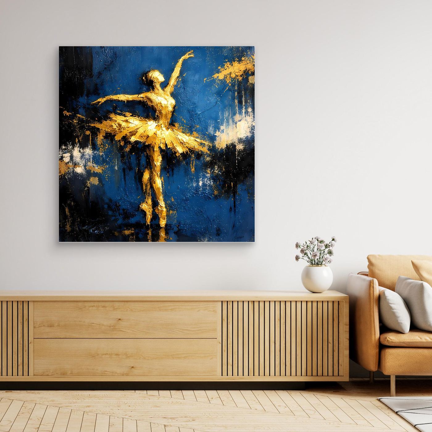 Leinwand Elegante Ballerina in Gold und Blau | Abstraktes Ballett Wandbild