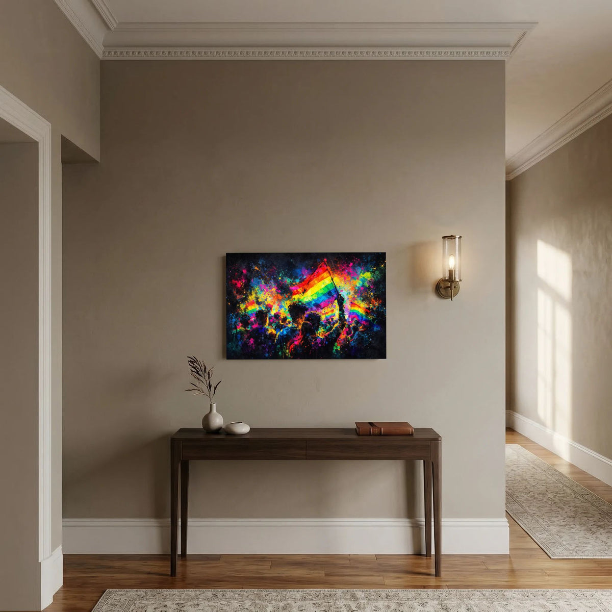 Querformatiges Wandbild: Menschenmenge mit Regenbogenflagge in bunten Spritzfarben