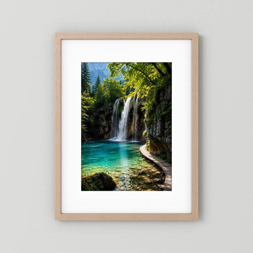 Hochformat-Poster im beigen Holzrahmen mit Wasserfall, türkisfarbenem See und Holzsteg
